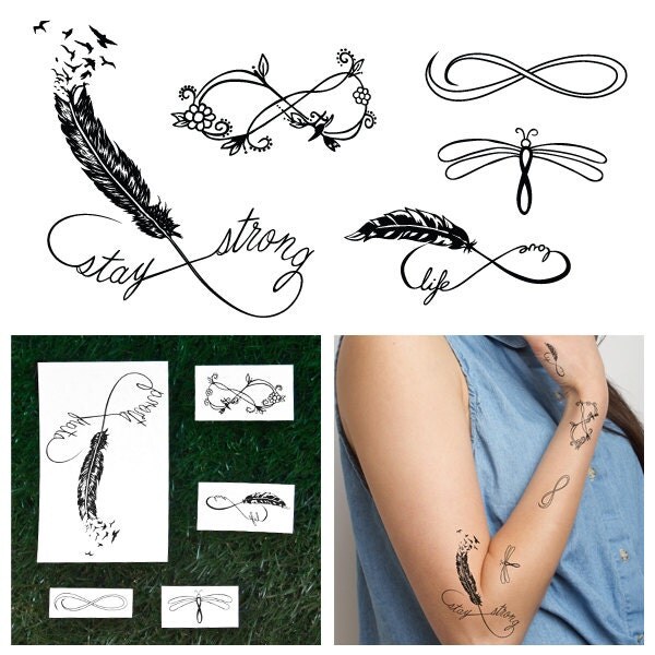 Infinity Feathers Set Temporary Tattoo Pack Set of 10