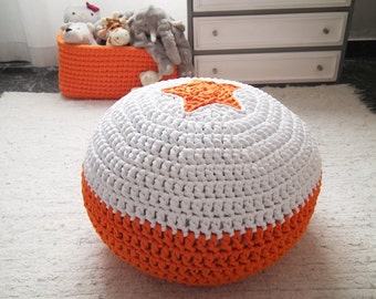 Orange Crochet Pouf-Pouf Ottoman-Star Floor Pouf-Nursery Footstool-Knit Pouf-Floor Cushion-Nursery Decor-Pouffe-Kids Pouf-Floor Pillow Pouf