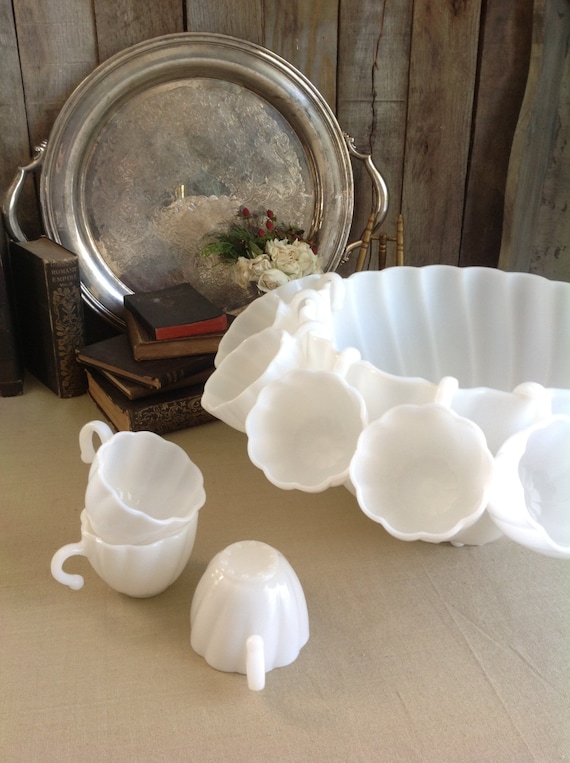Vintage Milk Glass Punchbowl12 cups and 1 large punch bowl
