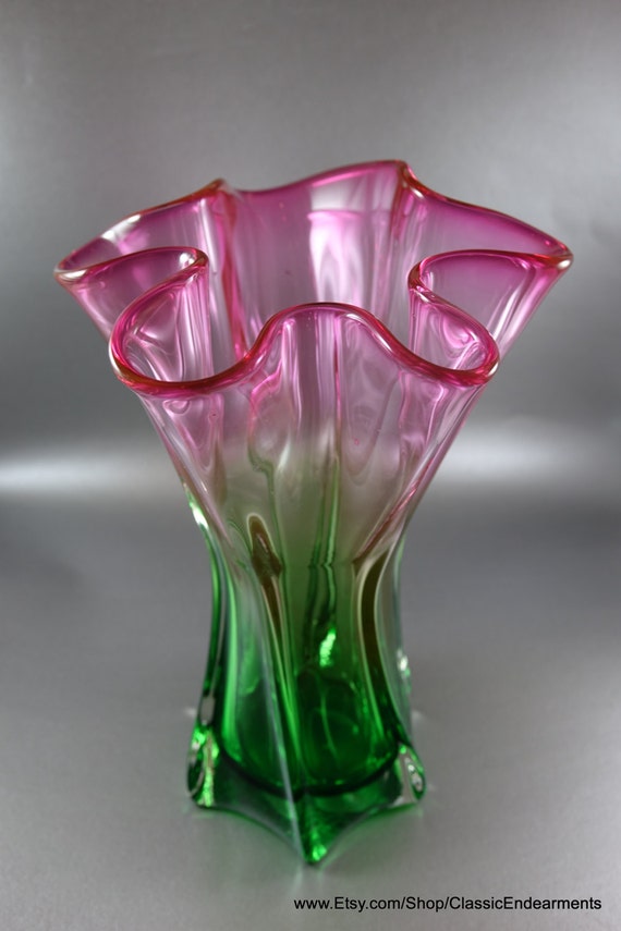 Art Glass Vase Hand Blown Weighted Fluted Pink and Green