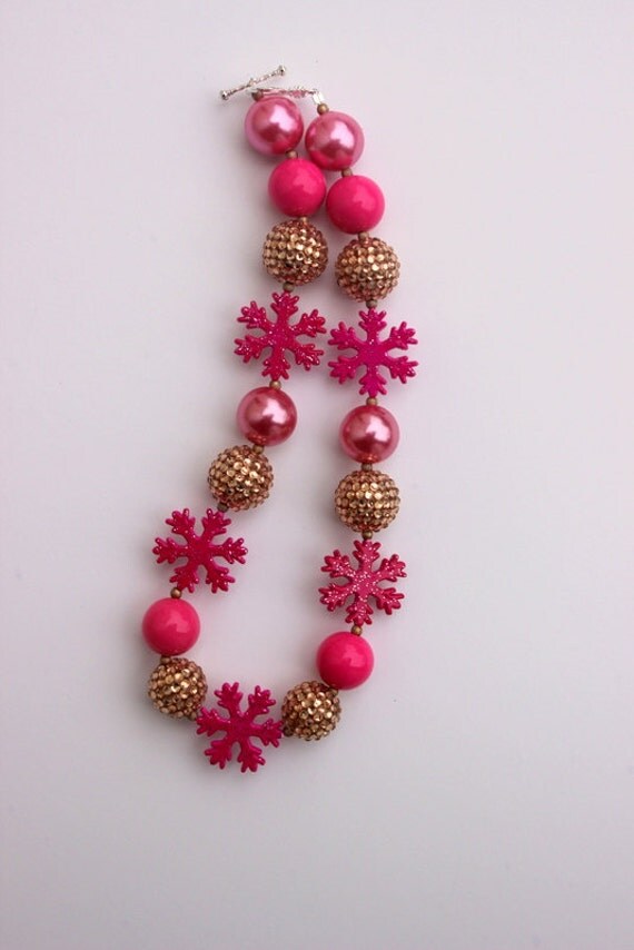 Items similar to girls christmas chunky necklace pink gold snowflake