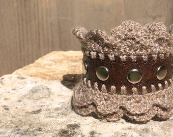 tooled leather bracelet - dark brown with bronze crochet edging optional white lace edging Steampunk Ren Faire Victorian