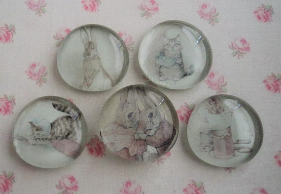 Vintage Storybook Bunnies Rabbits SET of 5 Handmade Glass Marble Fridge Magnets ready to ship Easter