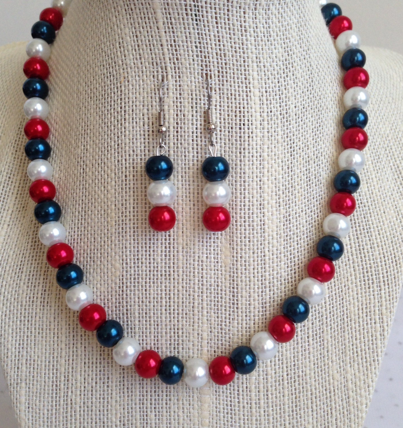 Red White and Blue Bead Necklace Bridesmaid Jewelry Gift Set