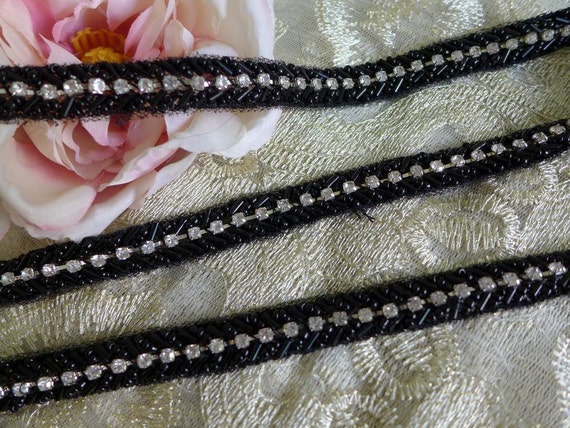 1 Yard Beaded Trim Rhinestone Applique Black Pearl Beads