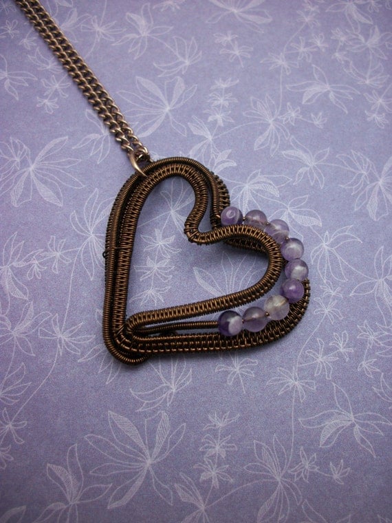 Wire Wrapped Heart Pendant In Smoky Quartz And Amethyst