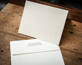 Custom Letterpress Personal Stationary Cards with matching envelopes, cotton paper, A1 sized cards. Black ink with blind emboss.