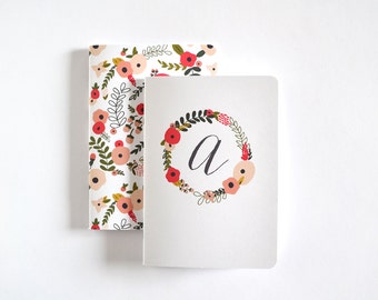 Monogram Pocket Journal Set of 2 | Personalized Journals with Illustrated Floral Wreath and Pattern, Small Notebook Set : Blooming Wreath