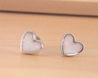 925 Opal Heart Stud Earrings/White Opal Stud Earrings/Opal Jewellery/Opal Jewelry/Silver Heart Earrings/Opal Earrings/October Birthstone/925