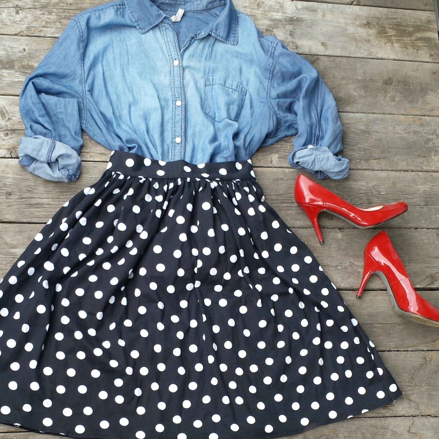 Handmade Full Skirt Black and White Polka Dot Skirt with Back