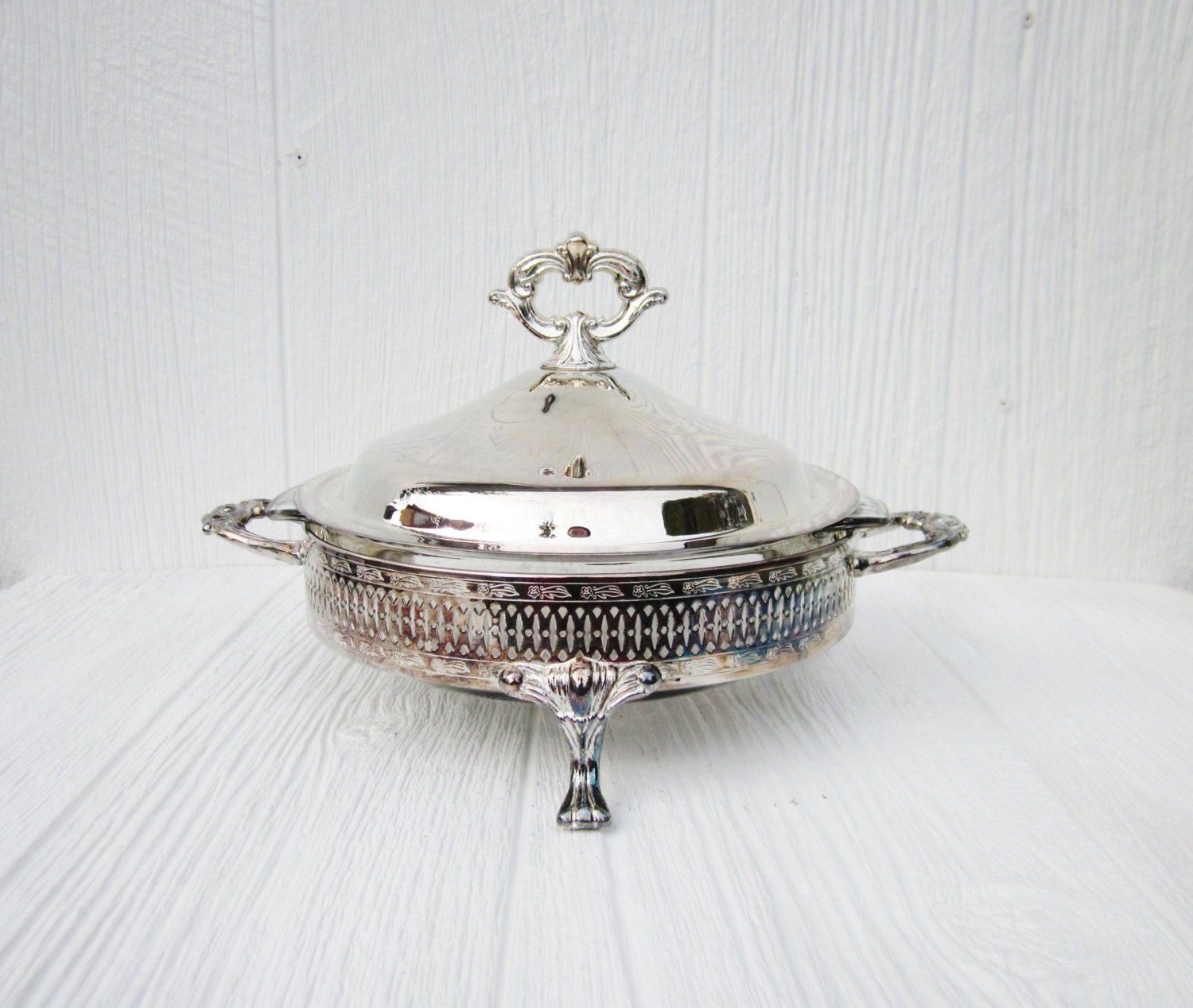 Ornate Silver Plated Glass Casserole Dish, Buffet Server, Wedding Decor, Table Setting, Serving