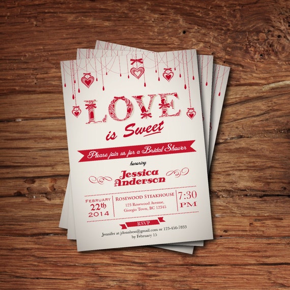 Printable Valentine Bridal Shower Invitation. Valentines Party Invite. Love is Sweet wedding shower, couples shower, engagement party. V04