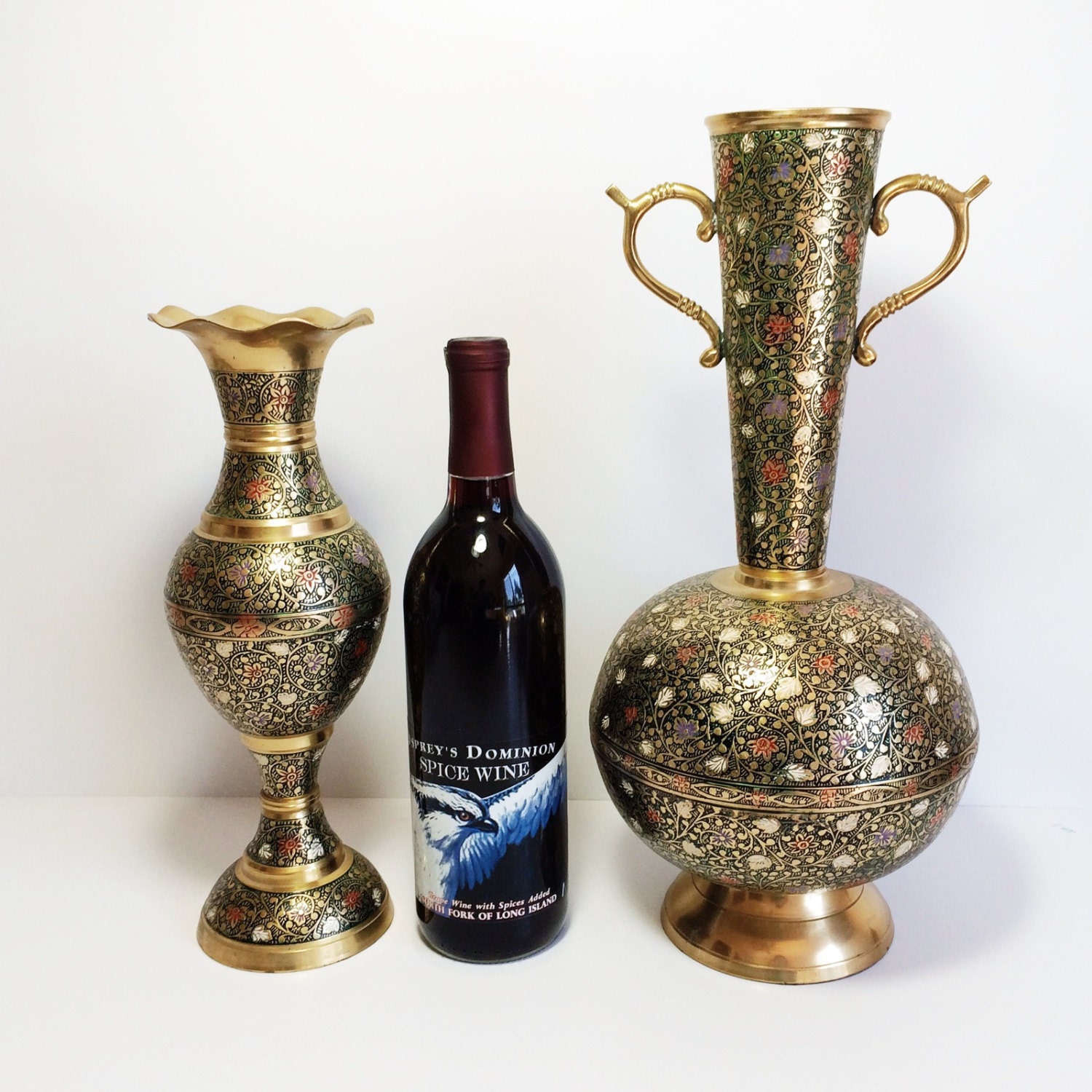 Pair of Large Vintage Enameled Brass Vases with by PrimaTreasures