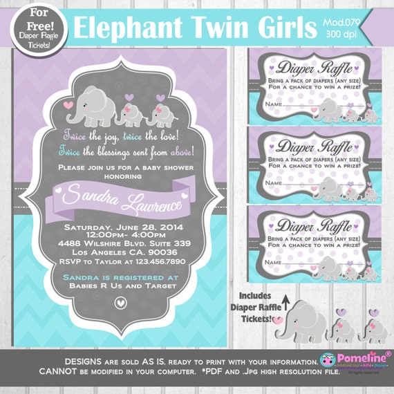 Duo: Invitation and diaper raffle tickets! Twin elephants baby shower ...