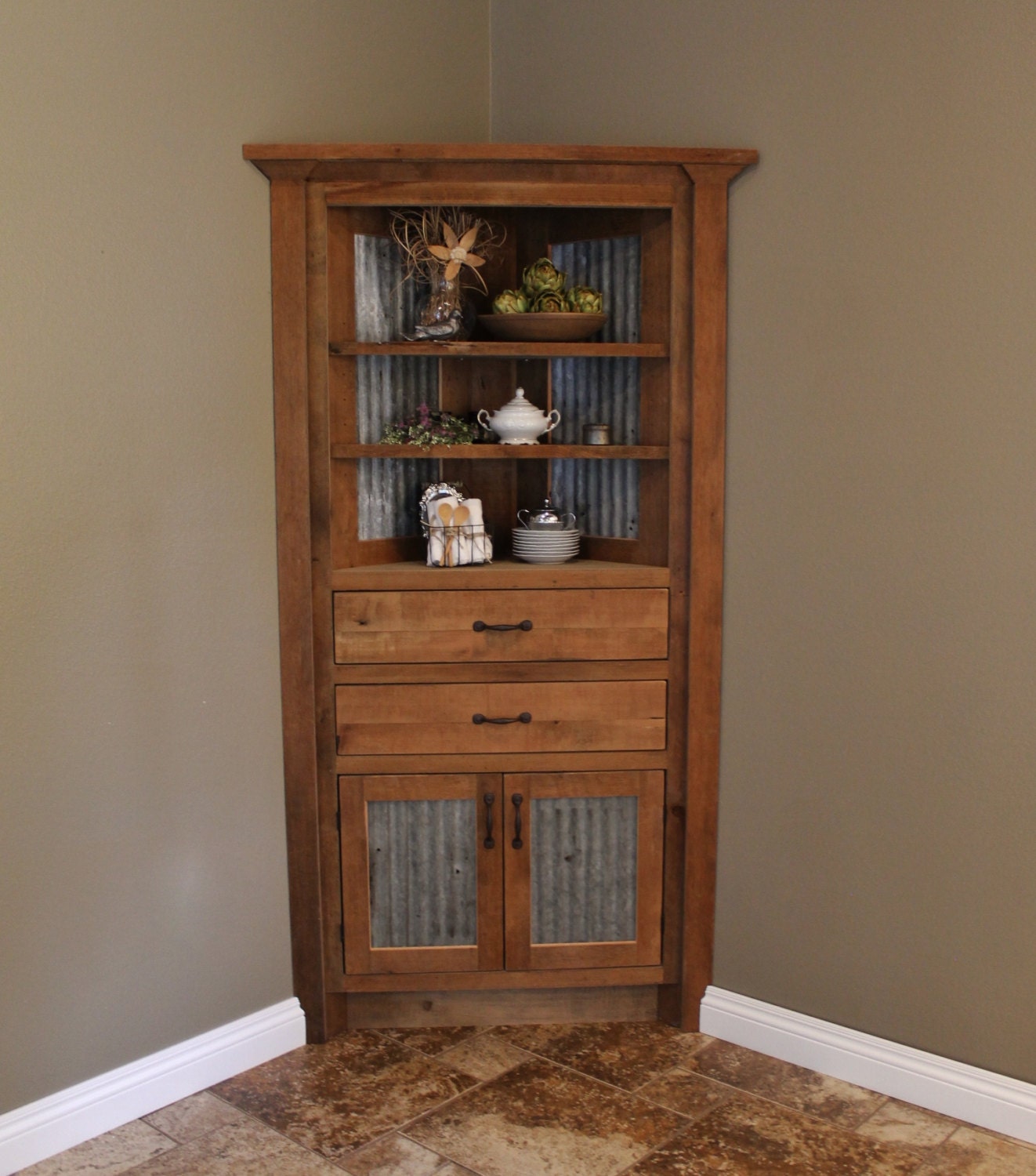 Rustic Corner Cabinet Reclaimed Barn Wood w/Barn Tin 6202