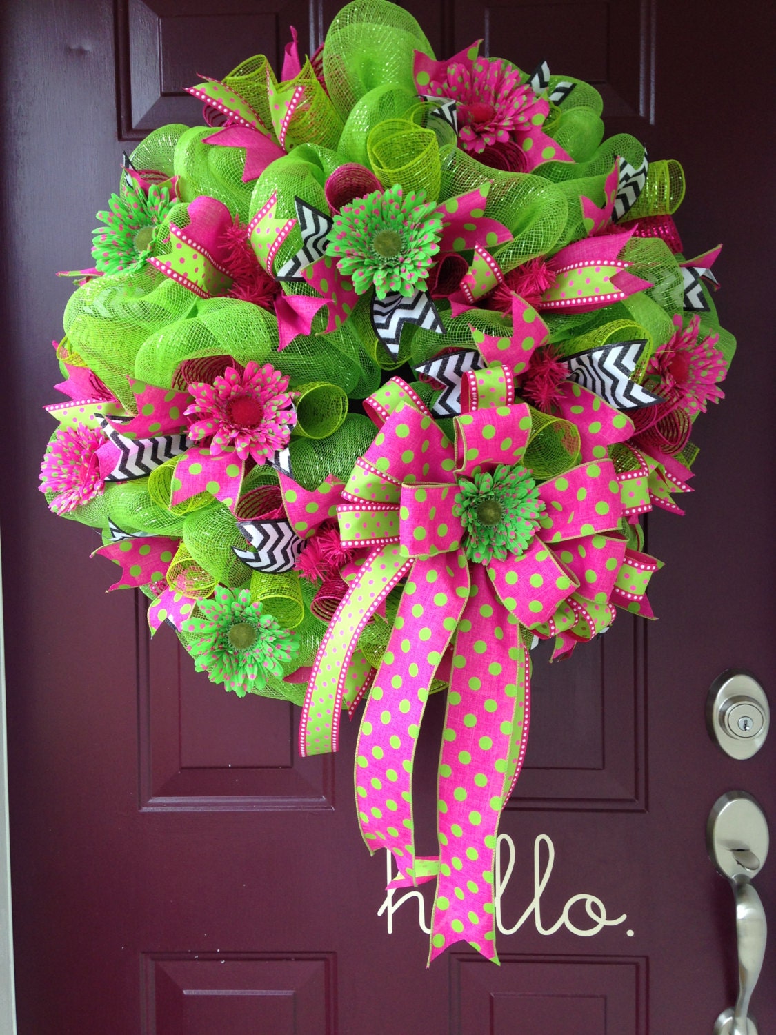 Hot Pink and Lime Green Polka Dot Deco Mesh Wreath with