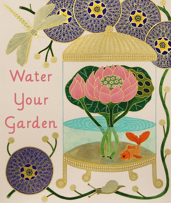 Water Your Garden: Terrarium art print-lilly pad-pink flower-goldfish-blue flower-archival fine art print