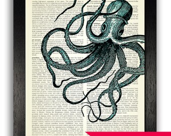 ART PRINT Blue Squid in Corner Poster Print, Ocean Decor, Rustic Beach Themed Wall Art, Blue Home Decor, Illustration Print Artwork Gift Art