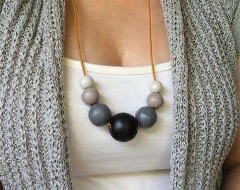 Wooden bead necklace. Grey ombre necklace. Gift for mom. Jewelry under 50. Statement necklace. Hand painted beads. Capsule wardrobe.