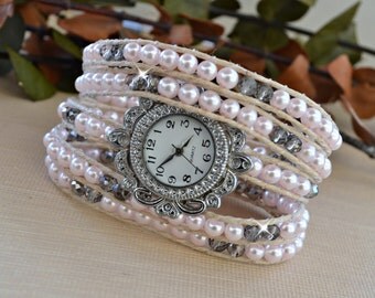 Pearl and Silver Crystal Wrap Bracelet by HeartofGems on Etsy