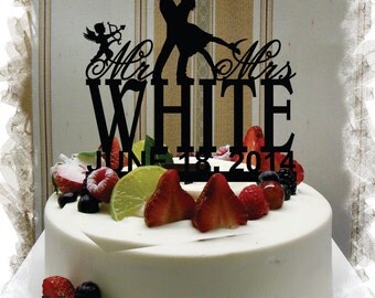 Silhouette Mr and Mrs Monogram Cake Topper With Your Family Name and Wedding Date - Handmade Custom Wedding Unique Cake Topper