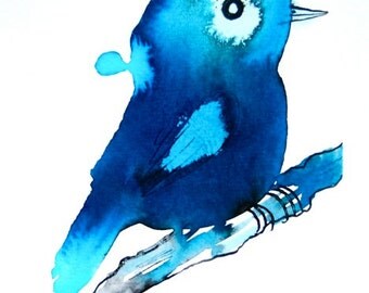Blue wall art, original drawing, bird on a branch
