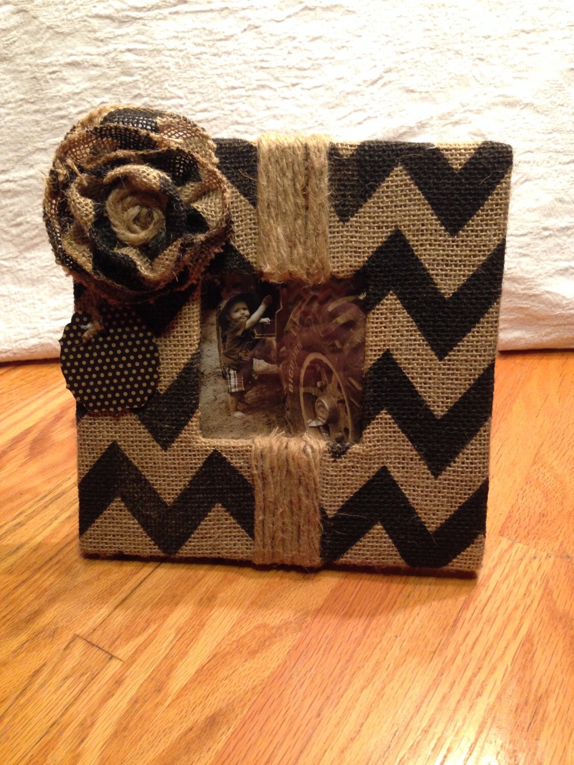 Handmade Burlap picture frame in black chevron print with