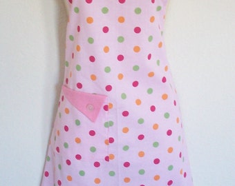 Apron, Pink Polka Dot Retro Style Full Apron, Pink, Orange, Green Dot, Women's Apron , Handmade , KitschNStyle