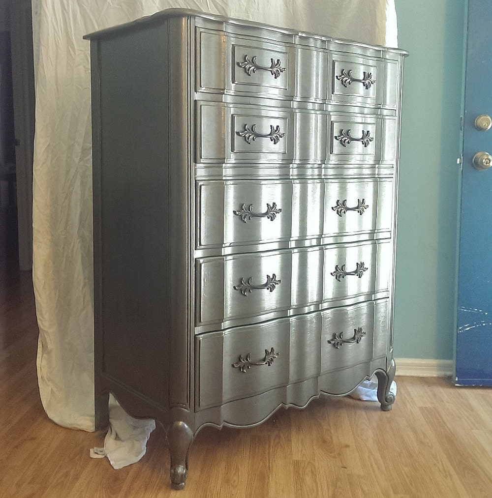 Silver Dresser Antiqued Zinc Finish 6 Drawers Tall Vintage