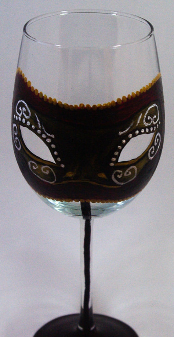Red Masquerade Mask Hand Painted Wine Glass
