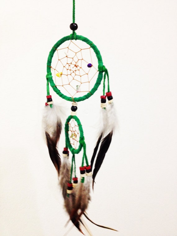 Double Green Dream Catcher 3.5" Mesh Colorful Crystal Beads and Feather