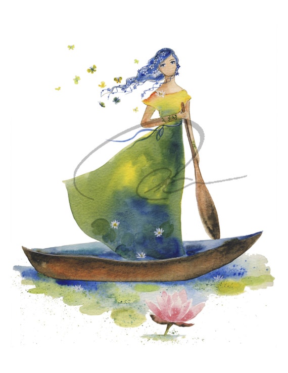 Daydream Believer Watercolor Art Print Woman Rowing Boat