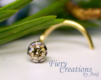 Nose screw/ Tragus stud "Golden Thistle Bud"- 18k SOLID White & Yellow Gold with a 5 pt luscious Champagne Diamond, OOAK