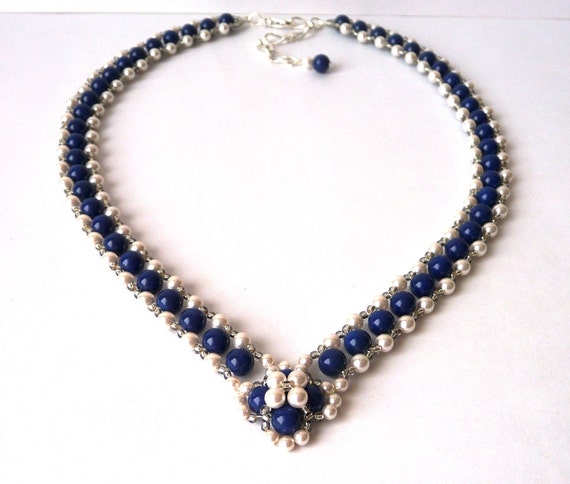 White Pearl and Midnight Blue Beaded Jewelry Necklace, Wedding Jewelry ...