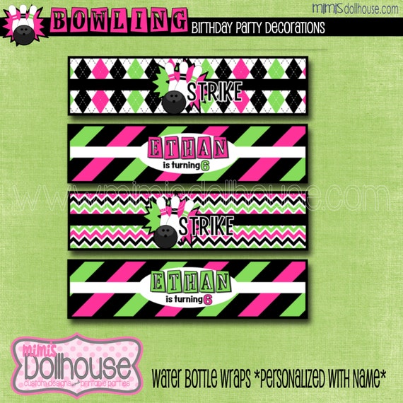 PERSONALIZED Bowling Pink Water Bottle Wraps-Retro Bowling Water Bottle Wraps-PDF Il_570xn