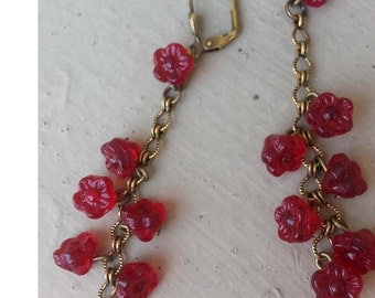 Red Trailing Vine Glass Flowers on Long Antique Brass Chain Earrings