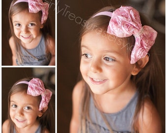 Pink Bow Headband. Pink Rosette Headband. Baby Headband. Newborn Headband. Photo Prop. Birthday Girl Headband.