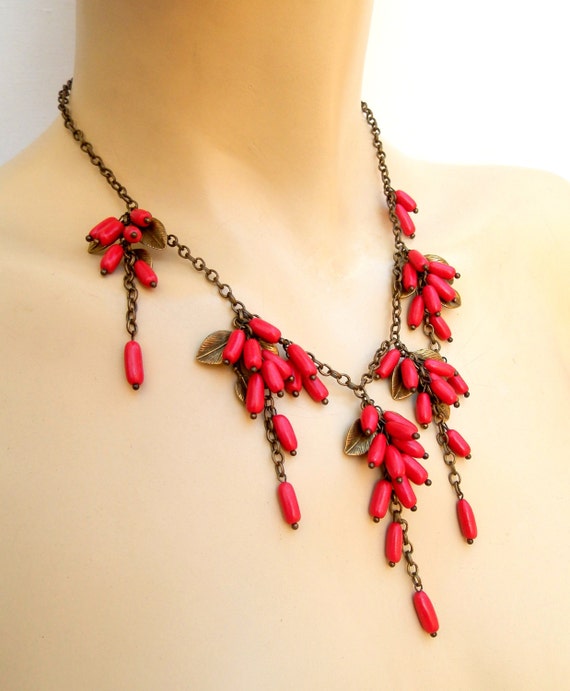 Red Necklace Berry Jewelry Red Jewelry Leaf Jewelry Statement