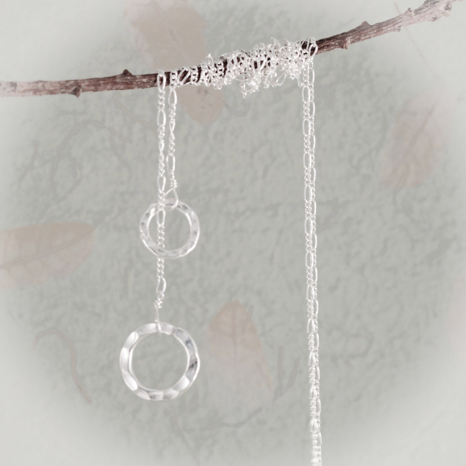 Long Silver Lariat Necklace Sterling Silver Hammered Rings