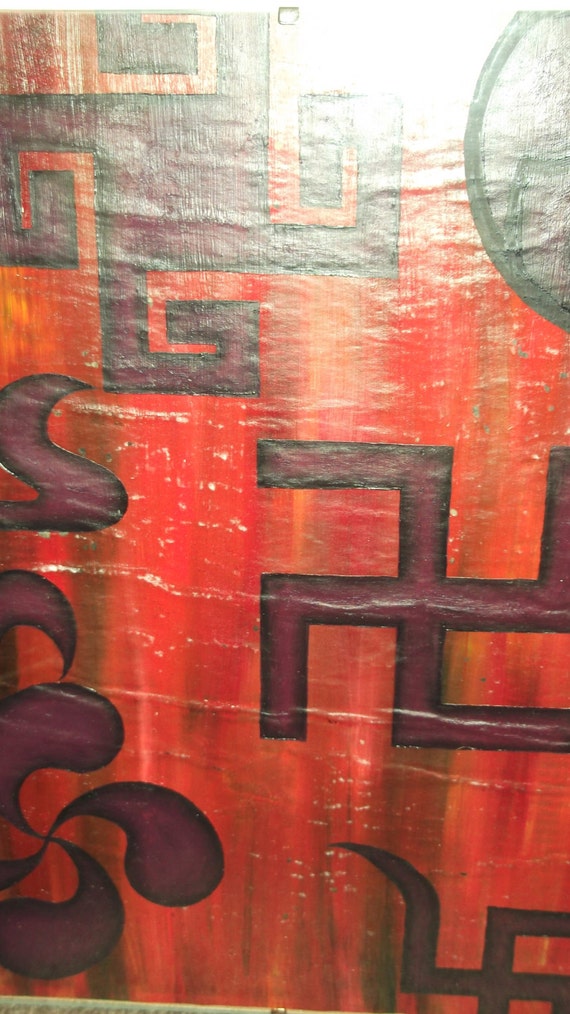 Swastikas, Eastern religions, Oil painting, orange and purple, inked background