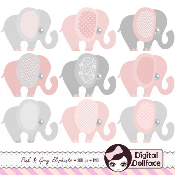 Pink and Grey Elephant Clipart Baby Girl Clip Art Set