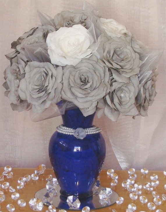 Items similar to Blue and grey Floral Arrangement, Paper flower floral