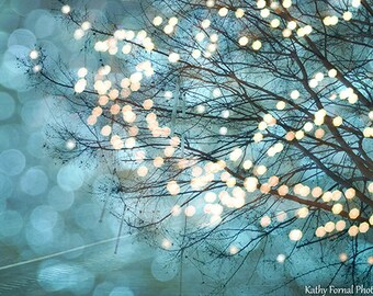 Sparkling Nature Fairy Lights, Fantasy Fairytale Nature Photography, Blue Teal Aqua Fairy Lights, Surreal Sparkling Fantasy Nature Prints