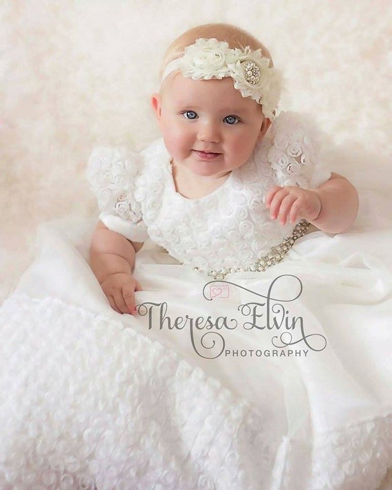 Off White Rosette Christening Gown Baptism Gown Dedication