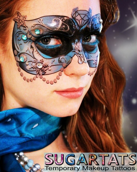 Blue Crystal Carnival Mask - Temporary Makeup Tattoo for Mardi Gras Mask - Masquerade Party