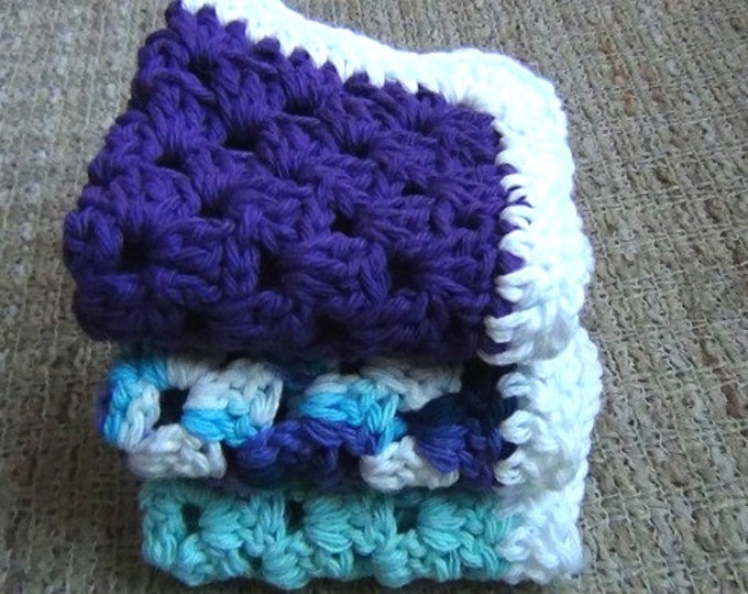 Crocheted Cotton Dishcloth - Set of 3 - Purple, Blue, Variegated