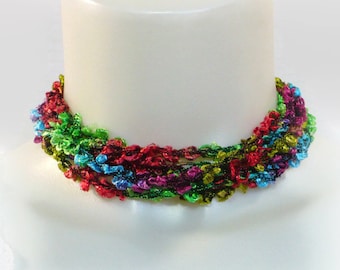 Boucle Ladder Yarn Necklace in Tropical Colors: Fiber Necklace, Crochet Jewelry, Vegan Necklace, Lariat Necklace, Ready to Ship