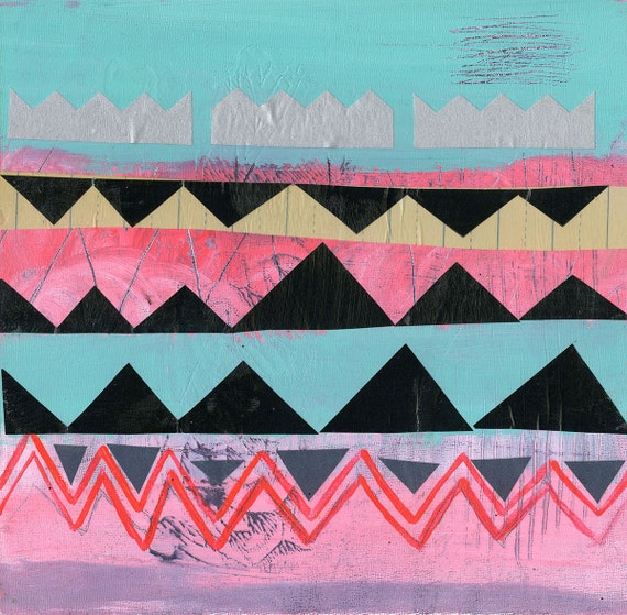 Play -- Pink, Turquoise, Neon, Black, Silver -- Triangles, Zig Zag, Chevron -- New 2013 Original Abstract Modern Painting -- 12x12 in.