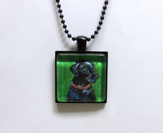 Necklace Smile Labrador Tile black Art Pendant painting painting Cute Black Glass glass  tile