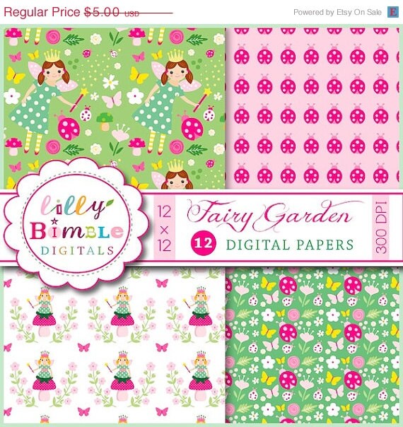 50% off Fairies Digital Scrapbook Papers INSTANT DOWNLOAD birthday invites Fairy Garden paper pack Il_570xn
